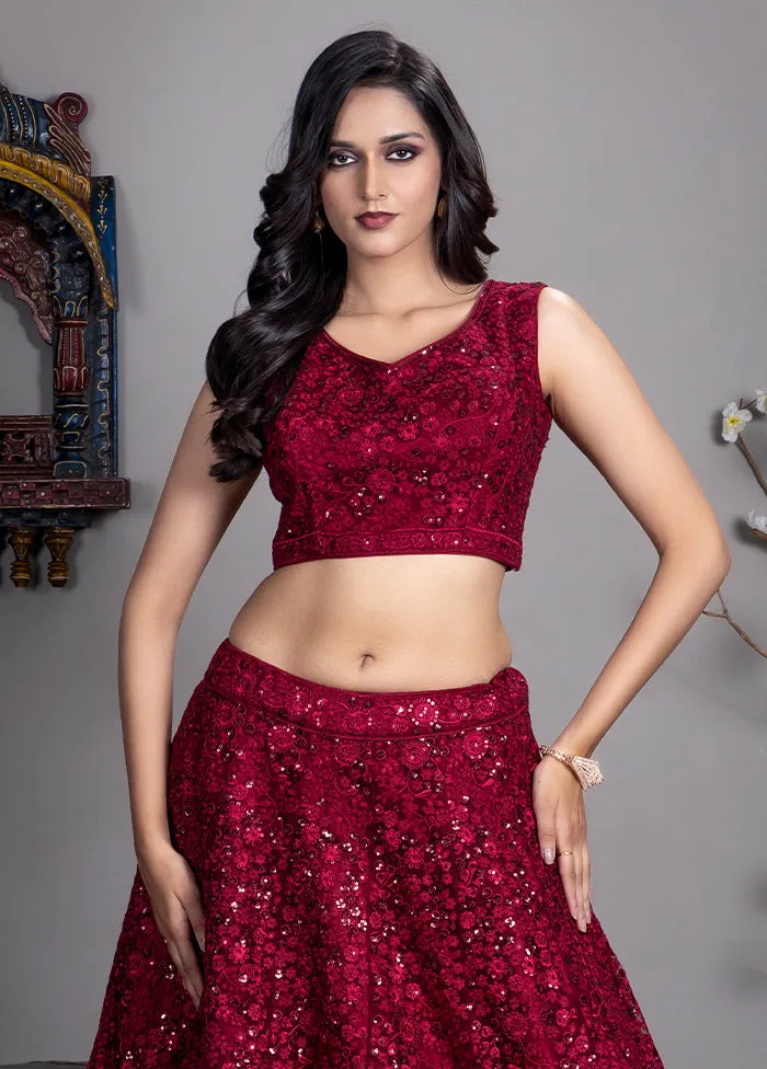 Maroon Net Readymade Lehenga With Dupatta