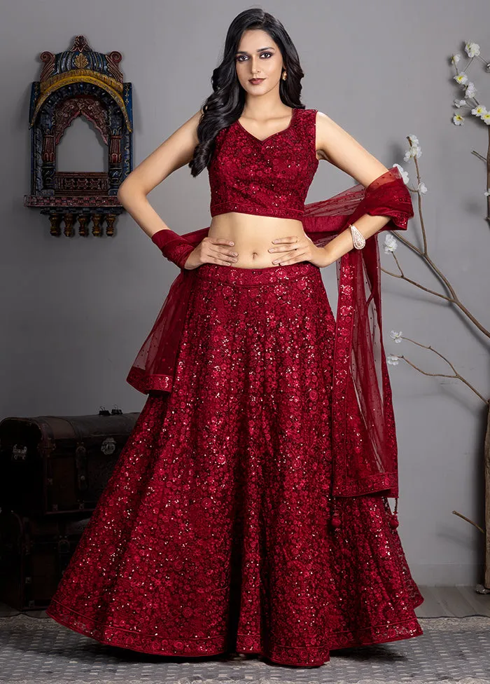 Maroon Net Readymade Lehenga With Dupatta