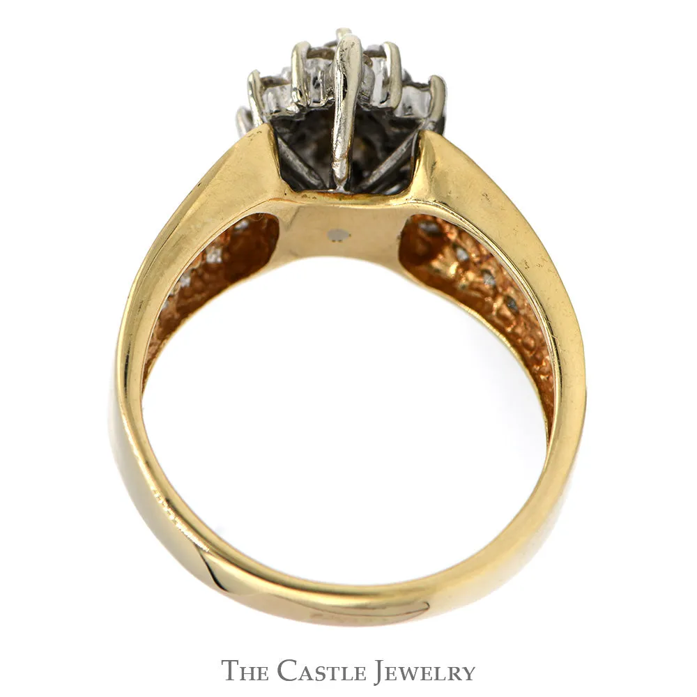 Marquise Shaped 3/4cttw Diamond Cluster Ring with Diamond Accented Sides in 10k Yellow Gold