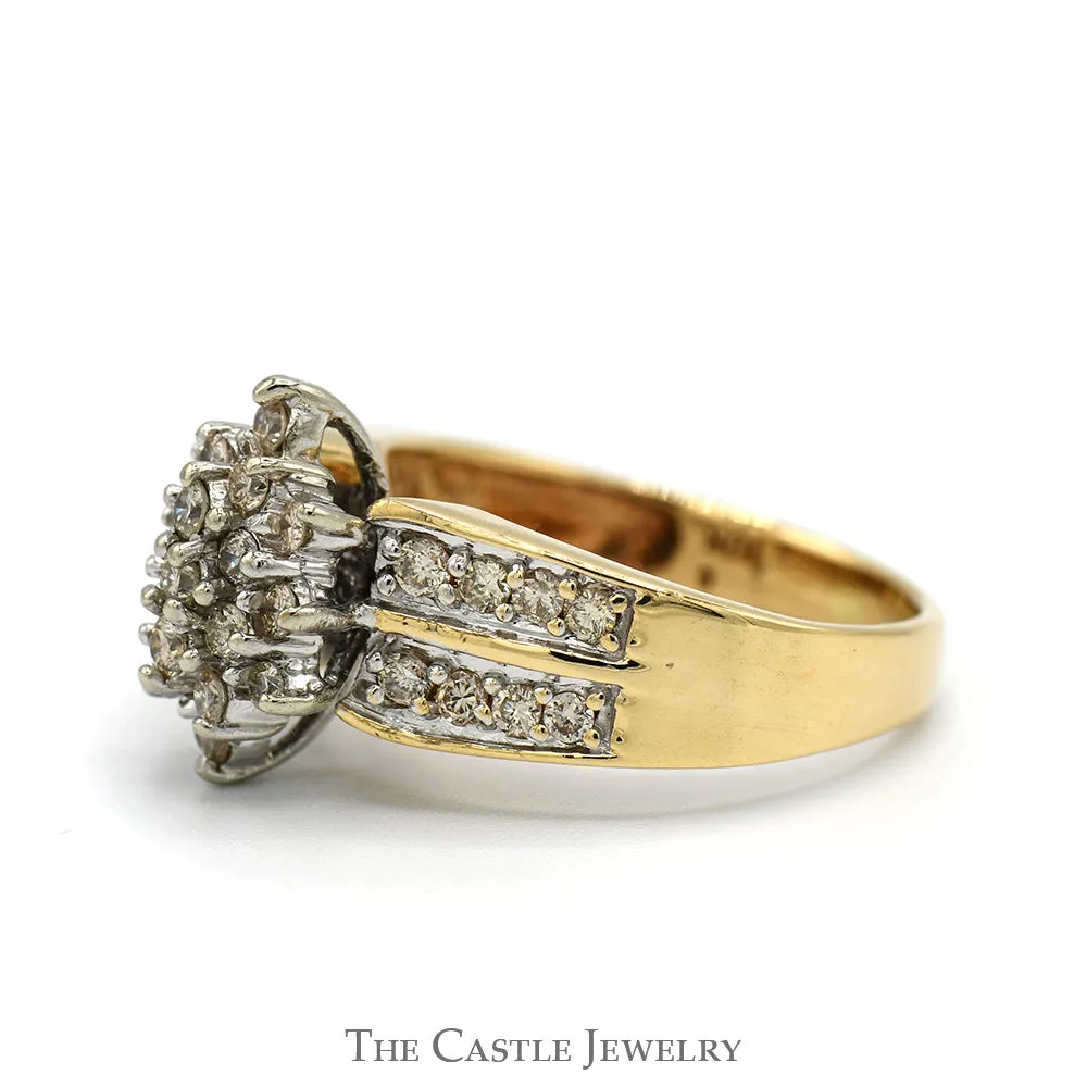 Marquise Shaped 3/4cttw Diamond Cluster Ring with Diamond Accented Sides in 10k Yellow Gold