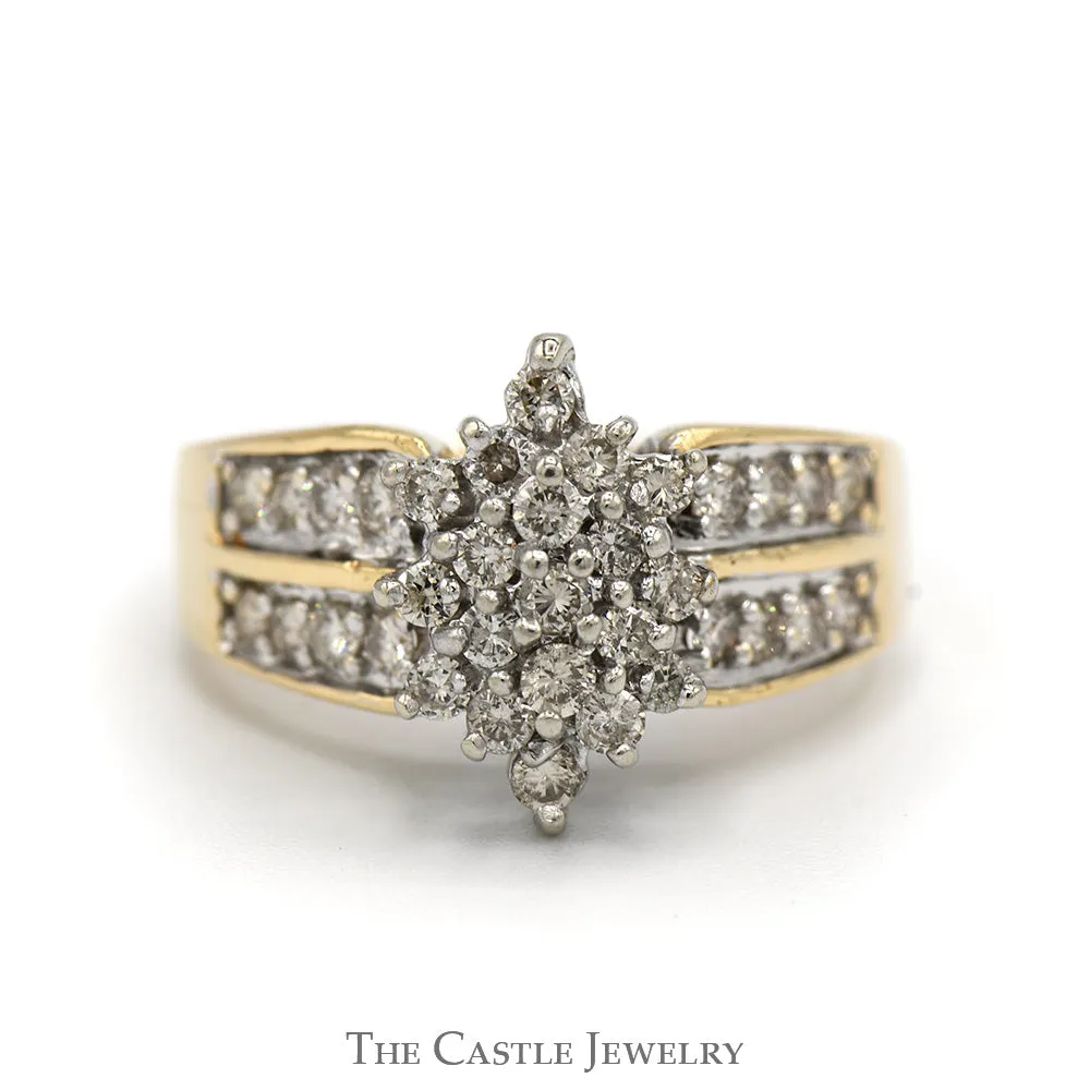 Marquise Shaped 3/4cttw Diamond Cluster Ring with Diamond Accented Sides in 10k Yellow Gold