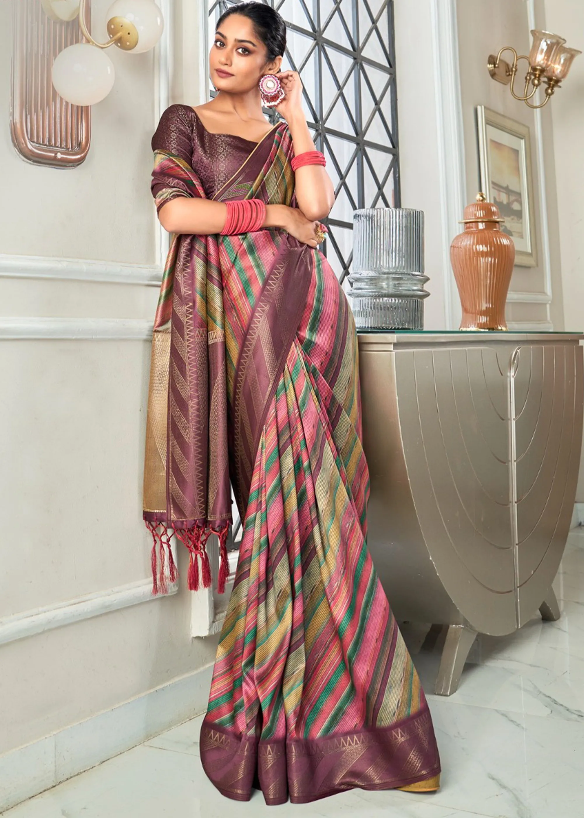 Mauve Purple Woven Banarasi Silk Saree With Digital Print