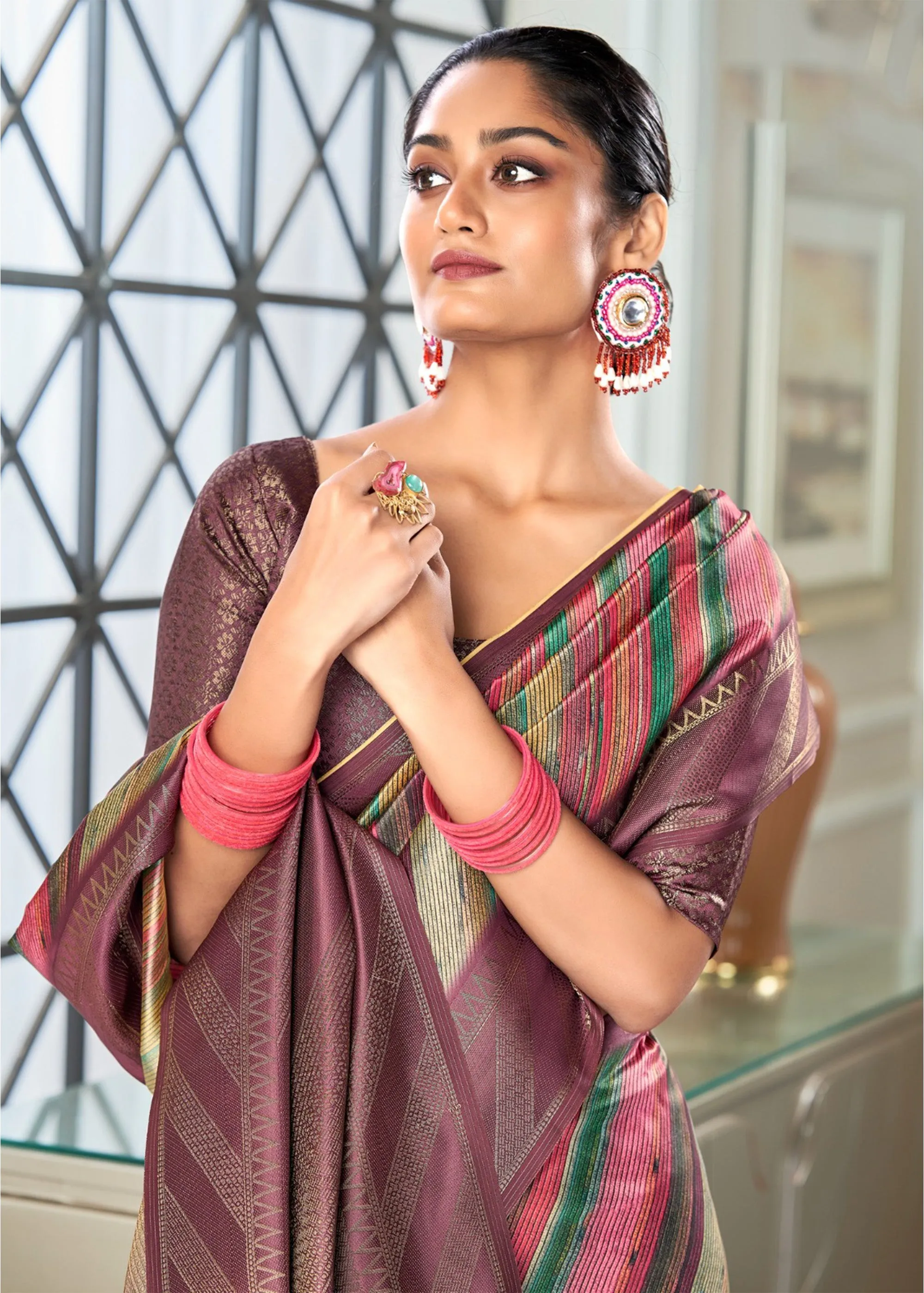 Mauve Purple Woven Banarasi Silk Saree With Digital Print