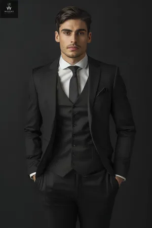 Men's Stylish Three-Piece Black Suit - Custom Made & Bespoke Wedding Suits