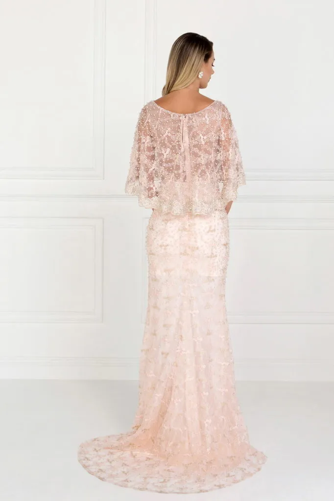 Mesh Mermaid Long Dress with Embroidered Cape Sleeves