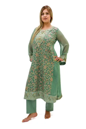 Mint Green Chiffon Salwar Kameez - Suit - Two Piece