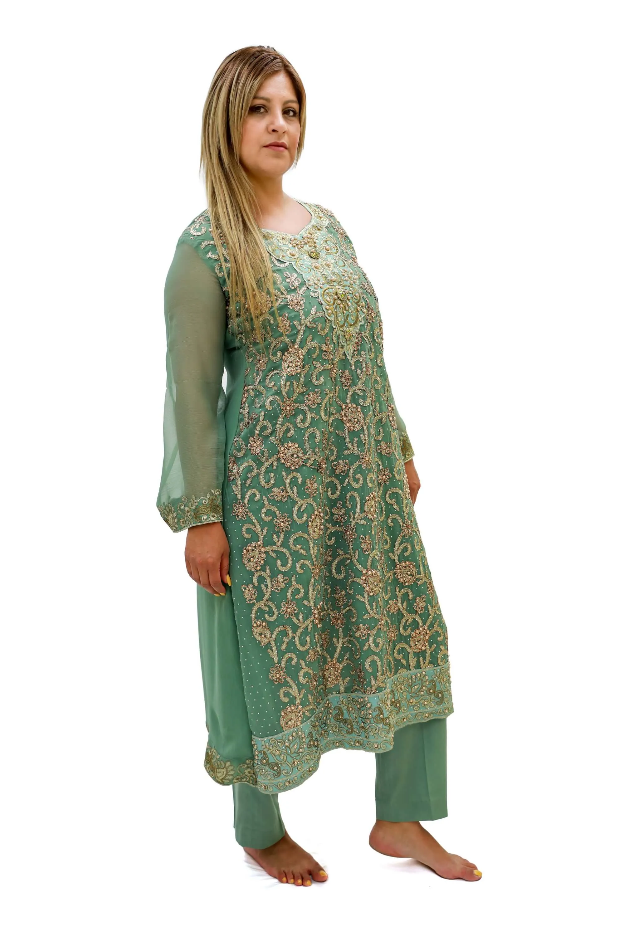 Mint Green Chiffon Salwar Kameez - Suit - Two Piece