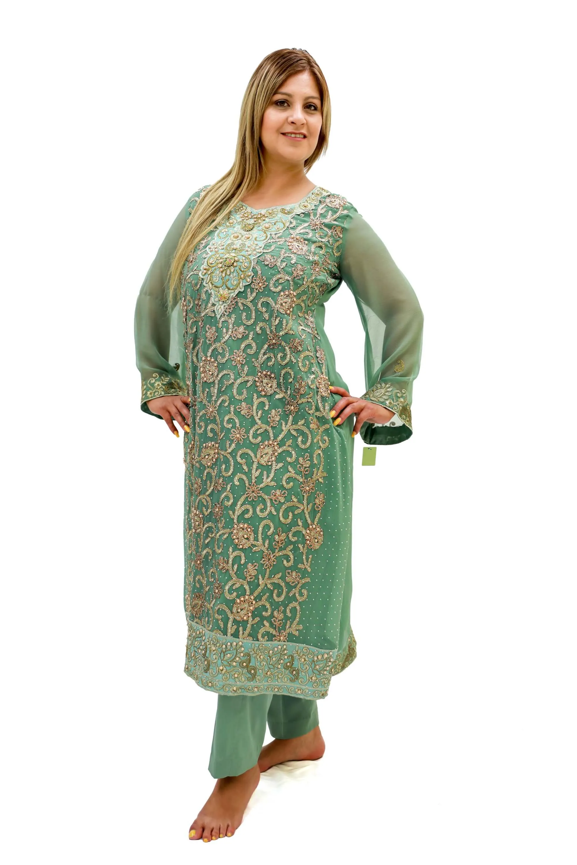 Mint Green Chiffon Salwar Kameez - Suit - Two Piece