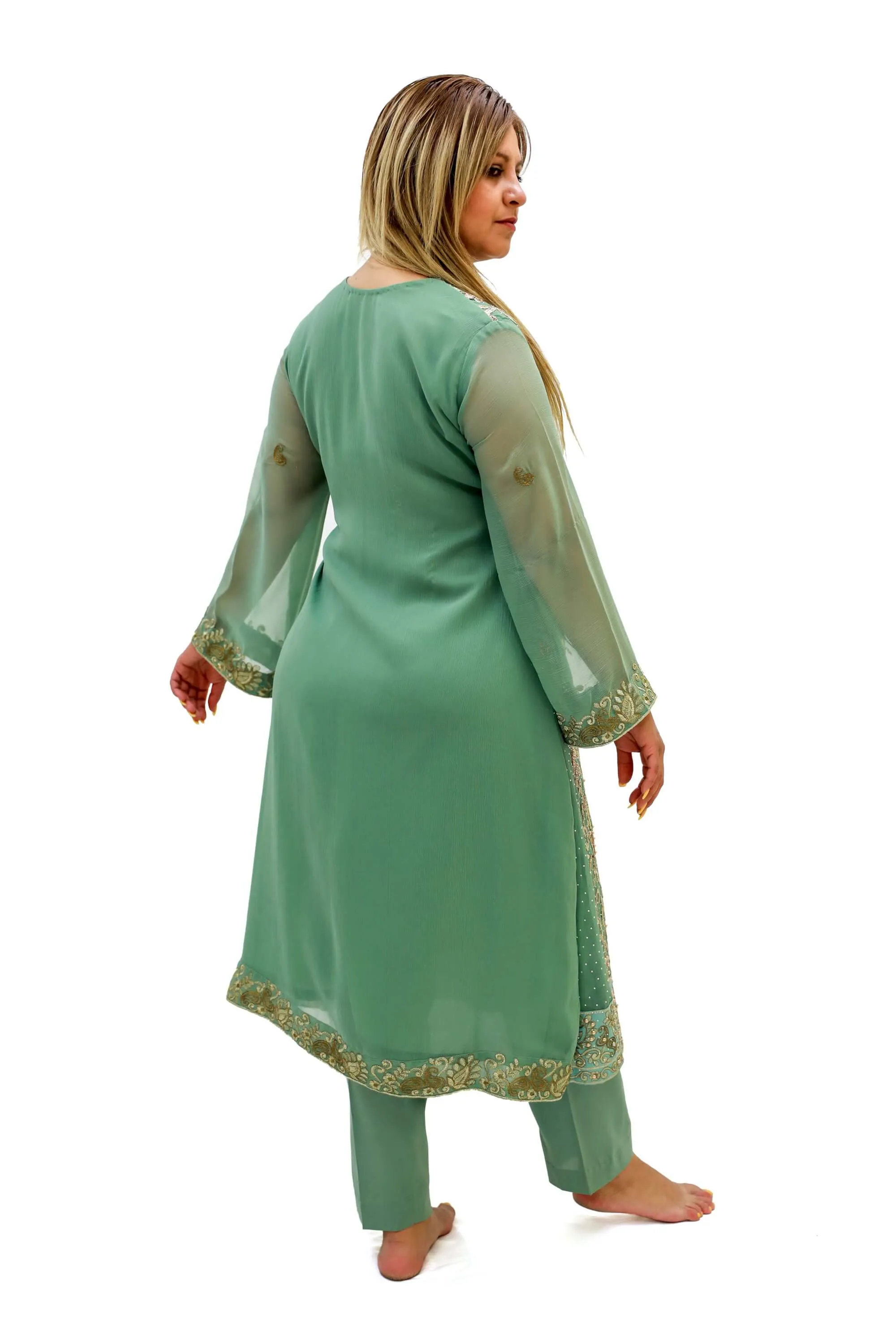 Mint Green Chiffon Salwar Kameez - Suit - Two Piece