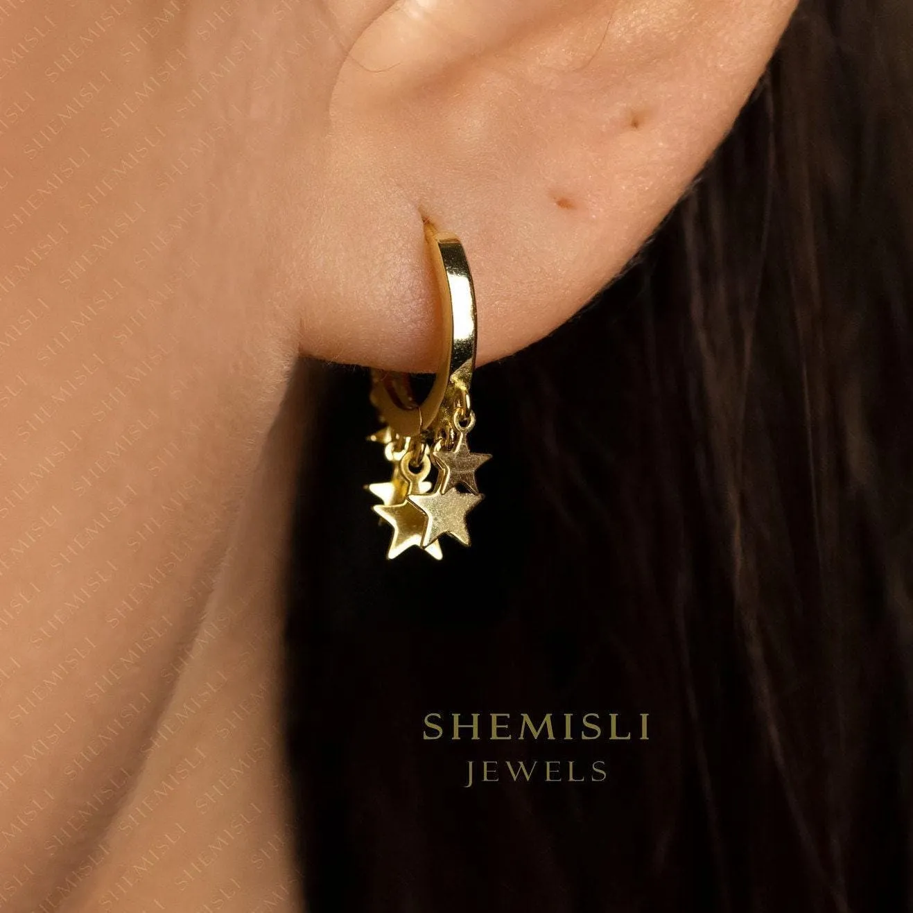 Multi Tiny Stars Drop Hoop Earring, Star Huggies, Unisex, Gold, Silver SHEMISLI - SH463
