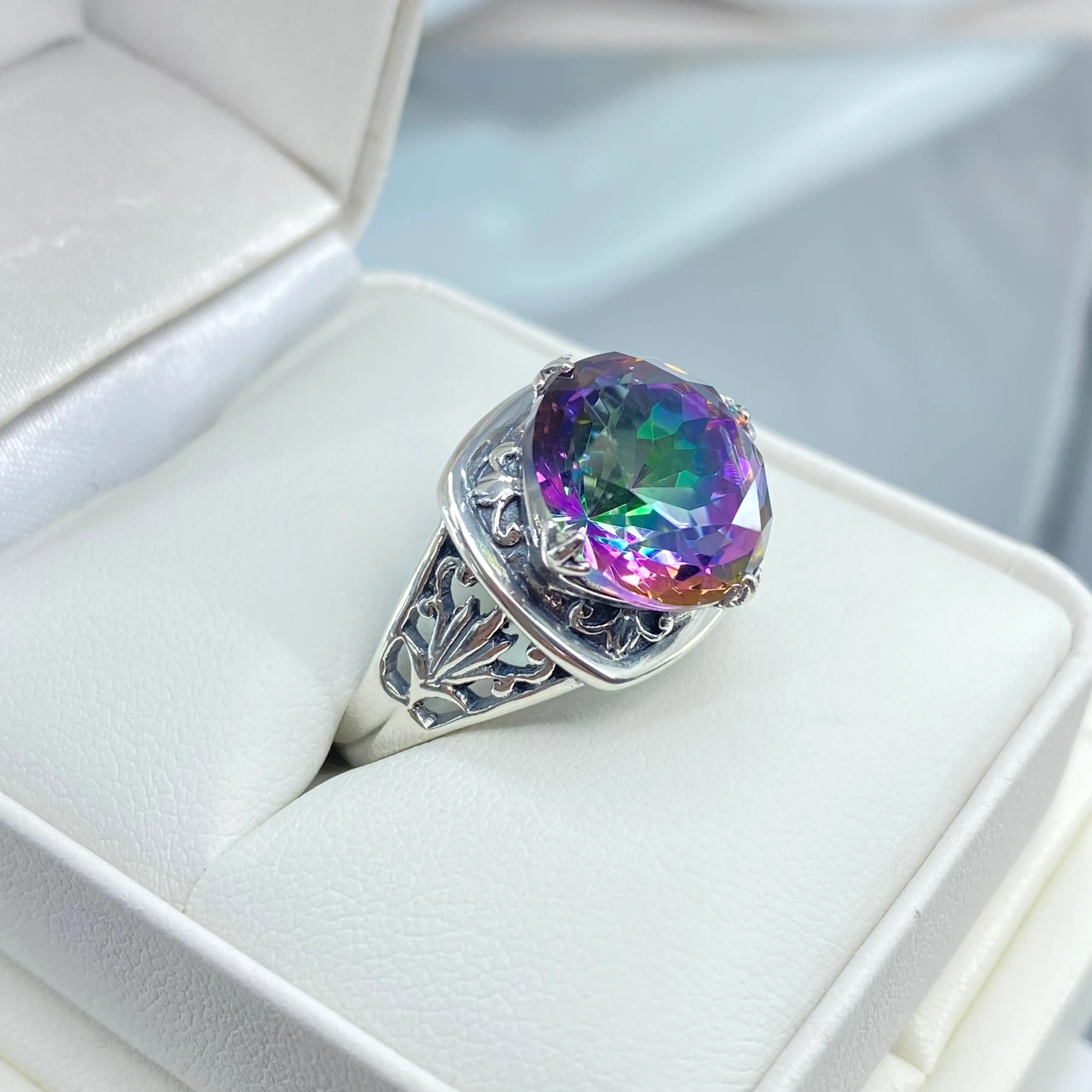 Mystic Topaz Ring, Size 9, Round Cut, Lotus Art Deco Filigree, D130 - Ready to Ship