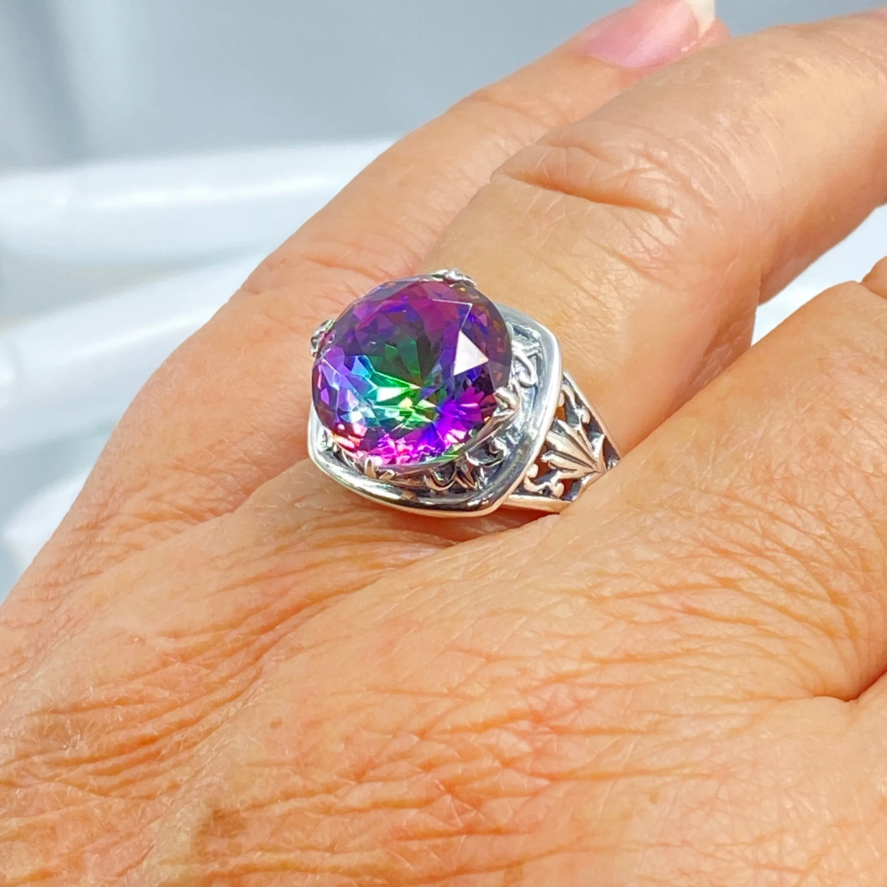 Mystic Topaz Ring, Size 9, Round Cut, Lotus Art Deco Filigree, D130 - Ready to Ship