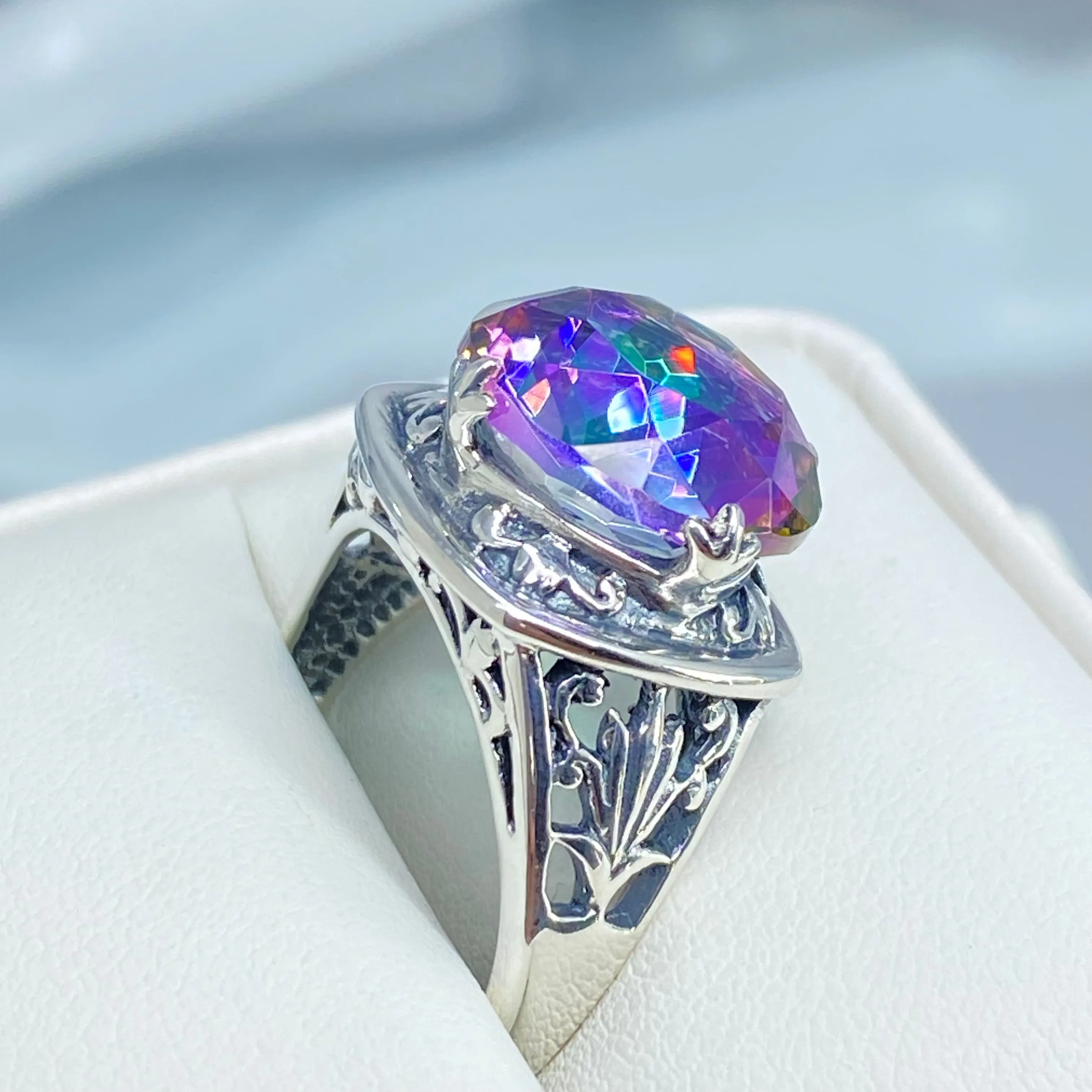 Mystic Topaz Ring, Size 9, Round Cut, Lotus Art Deco Filigree, D130 - Ready to Ship