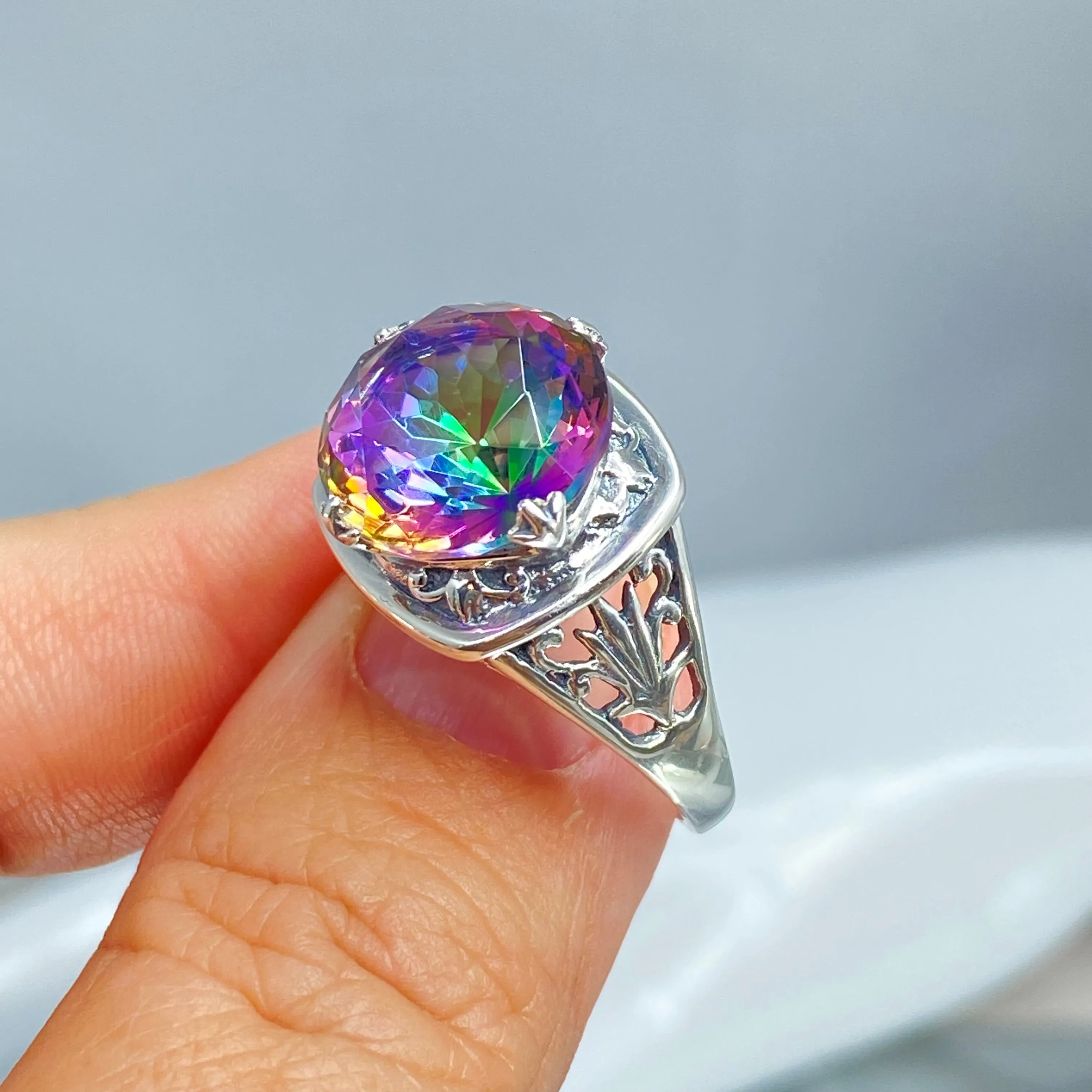 Mystic Topaz Ring, Size 9, Round Cut, Lotus Art Deco Filigree, D130 - Ready to Ship