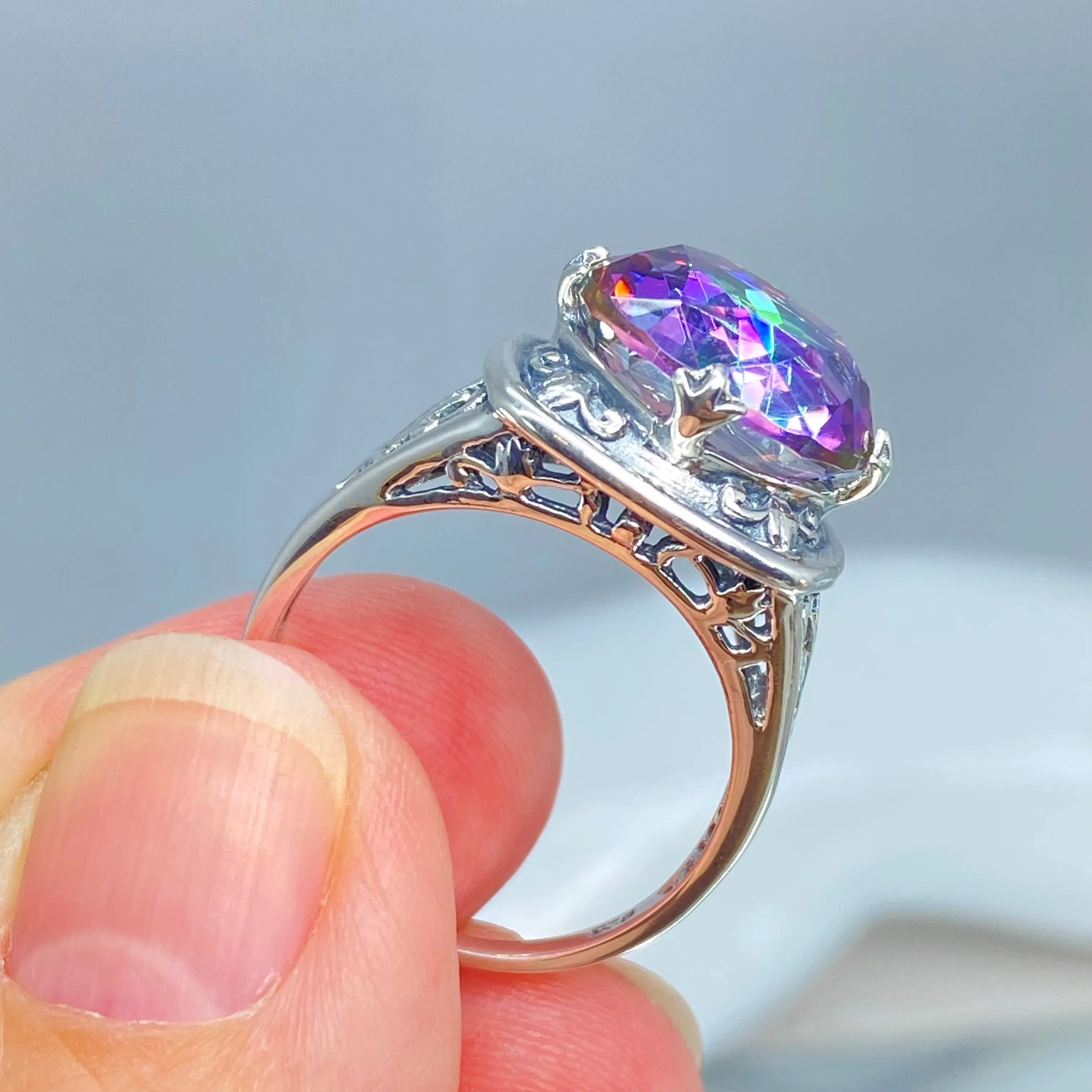Mystic Topaz Ring, Size 9, Round Cut, Lotus Art Deco Filigree, D130 - Ready to Ship