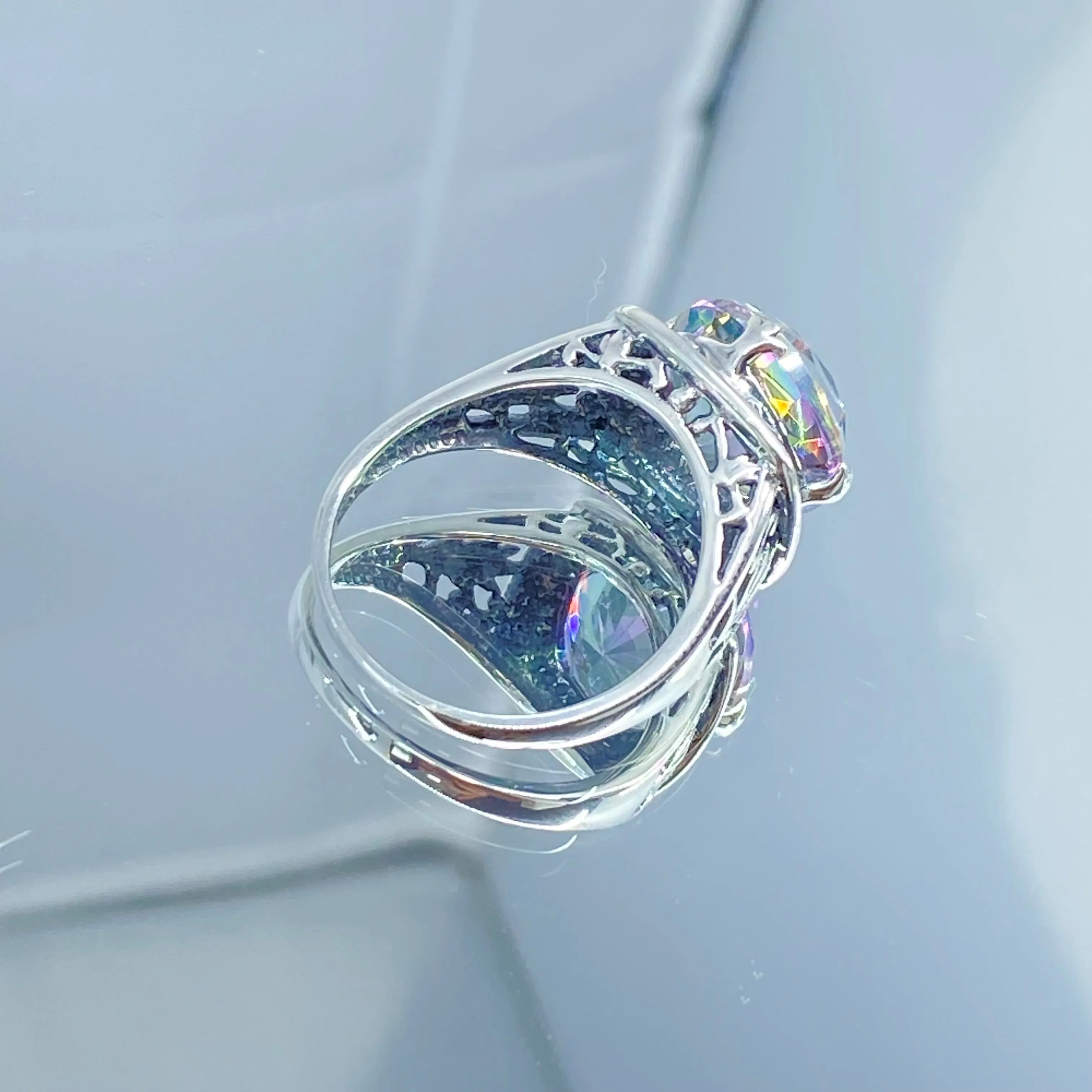 Mystic Topaz Ring, Size 9, Round Cut, Lotus Art Deco Filigree, D130 - Ready to Ship