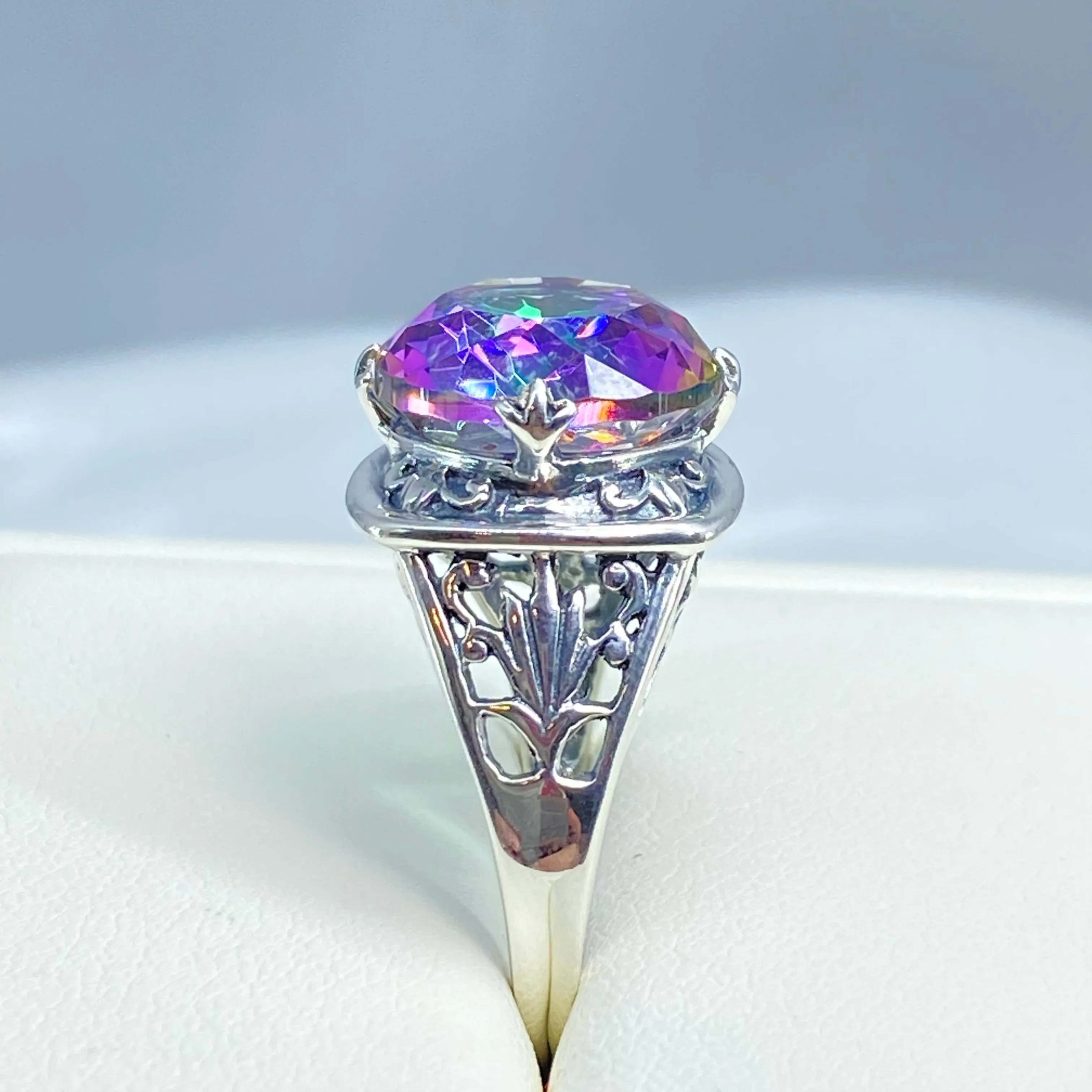 Mystic Topaz Ring, Size 9, Round Cut, Lotus Art Deco Filigree, D130 - Ready to Ship