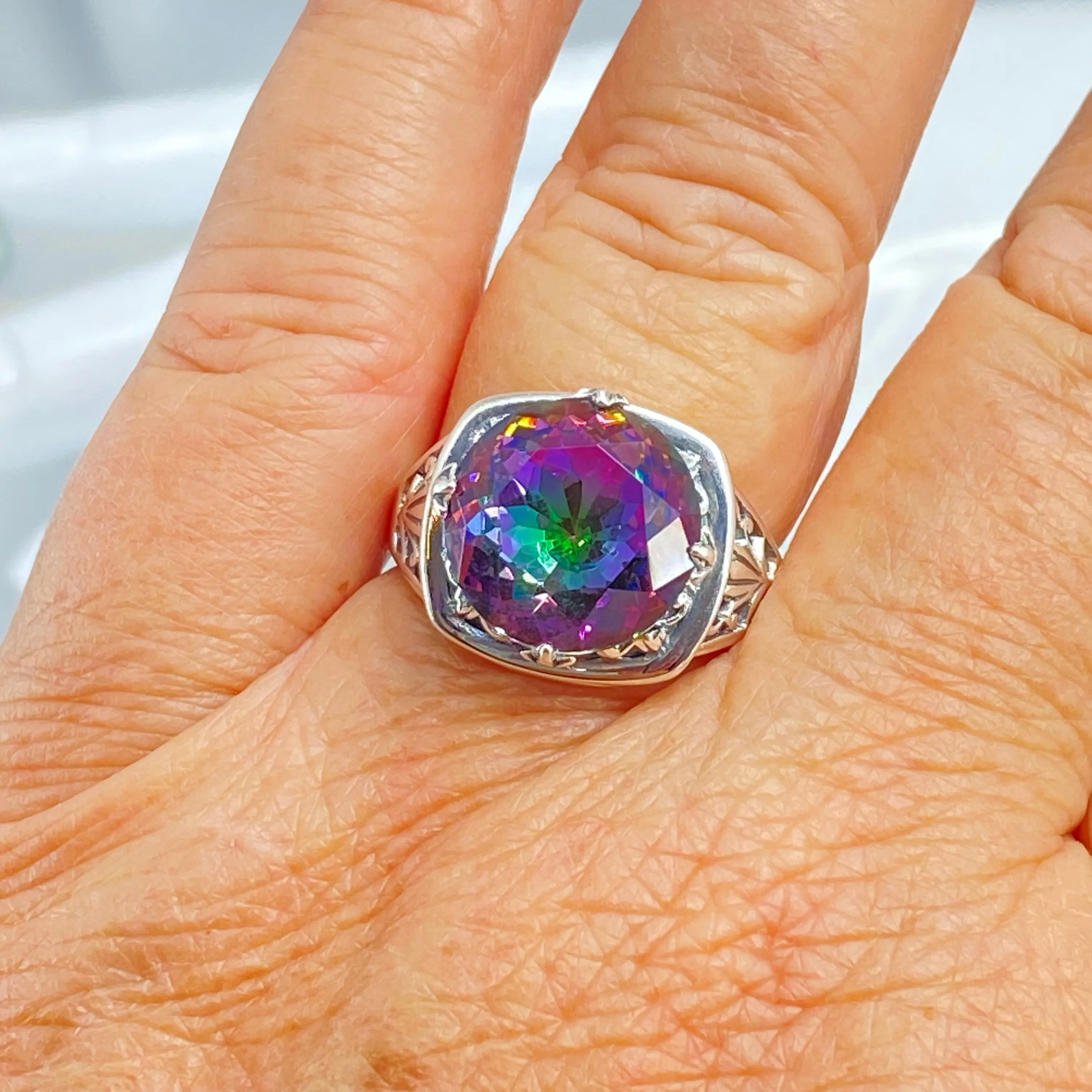 Mystic Topaz Ring, Size 9, Round Cut, Lotus Art Deco Filigree, D130 - Ready to Ship