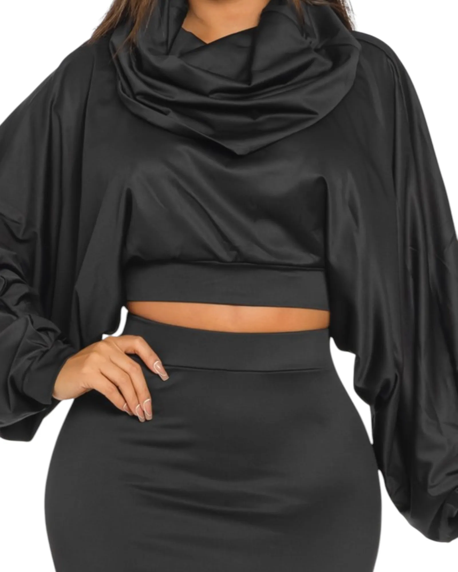Noir Enigma Hooded Set – Black Crop Top & Fitted Maxi Skirt