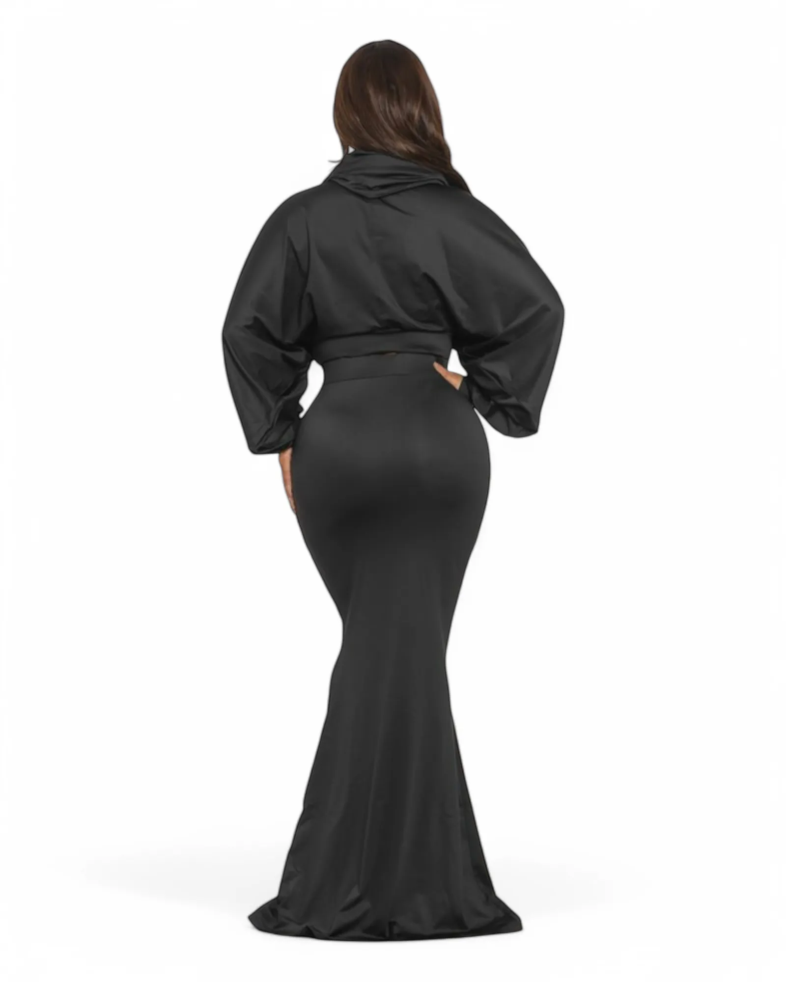 Noir Enigma Hooded Set – Black Crop Top & Fitted Maxi Skirt