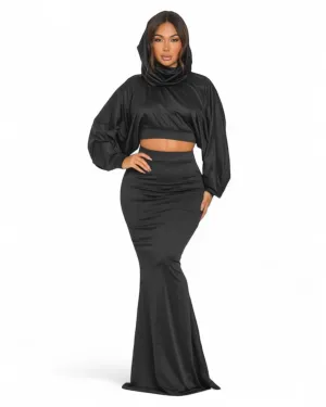 Noir Enigma Hooded Set – Black Crop Top & Fitted Maxi Skirt