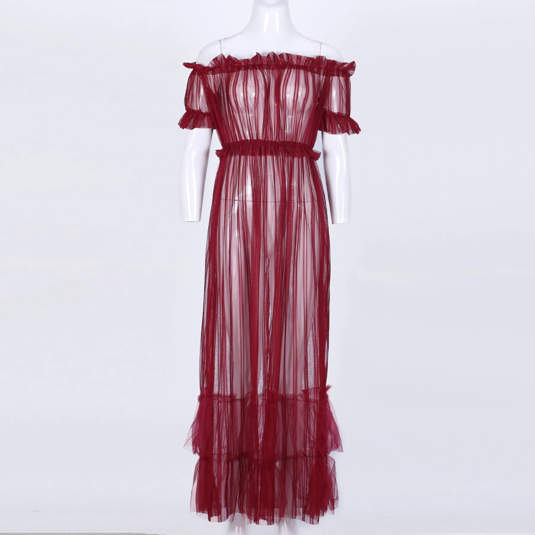 Off Shoulder Short Sleeve Lace Maxi Bodycon Dress K1962