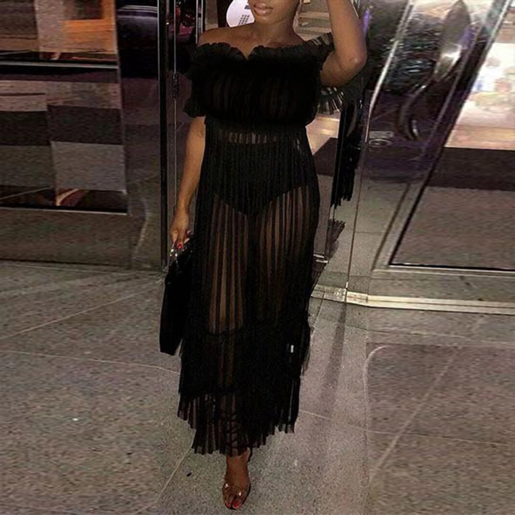 Off Shoulder Short Sleeve Lace Maxi Bodycon Dress K1962