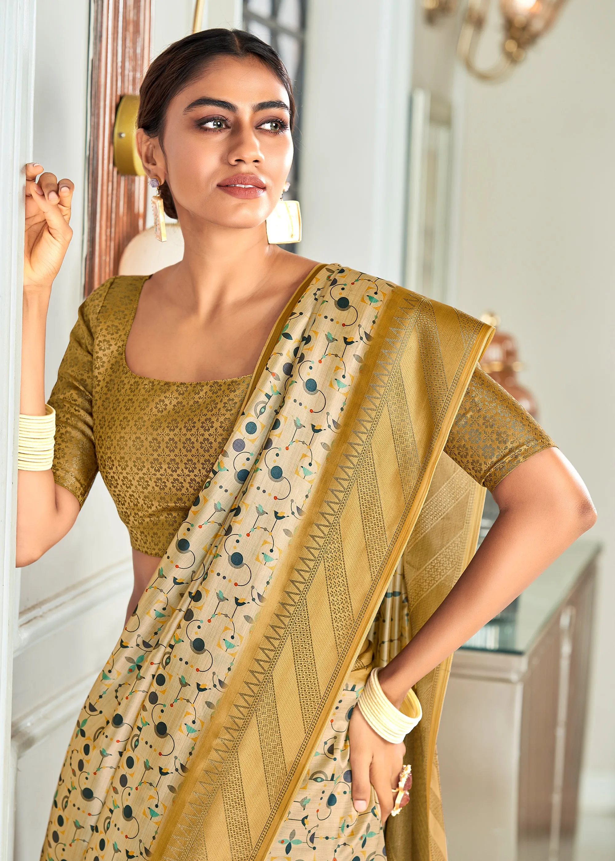 Off White And Gold Woven Banarasi Silk Saree With Digital Print