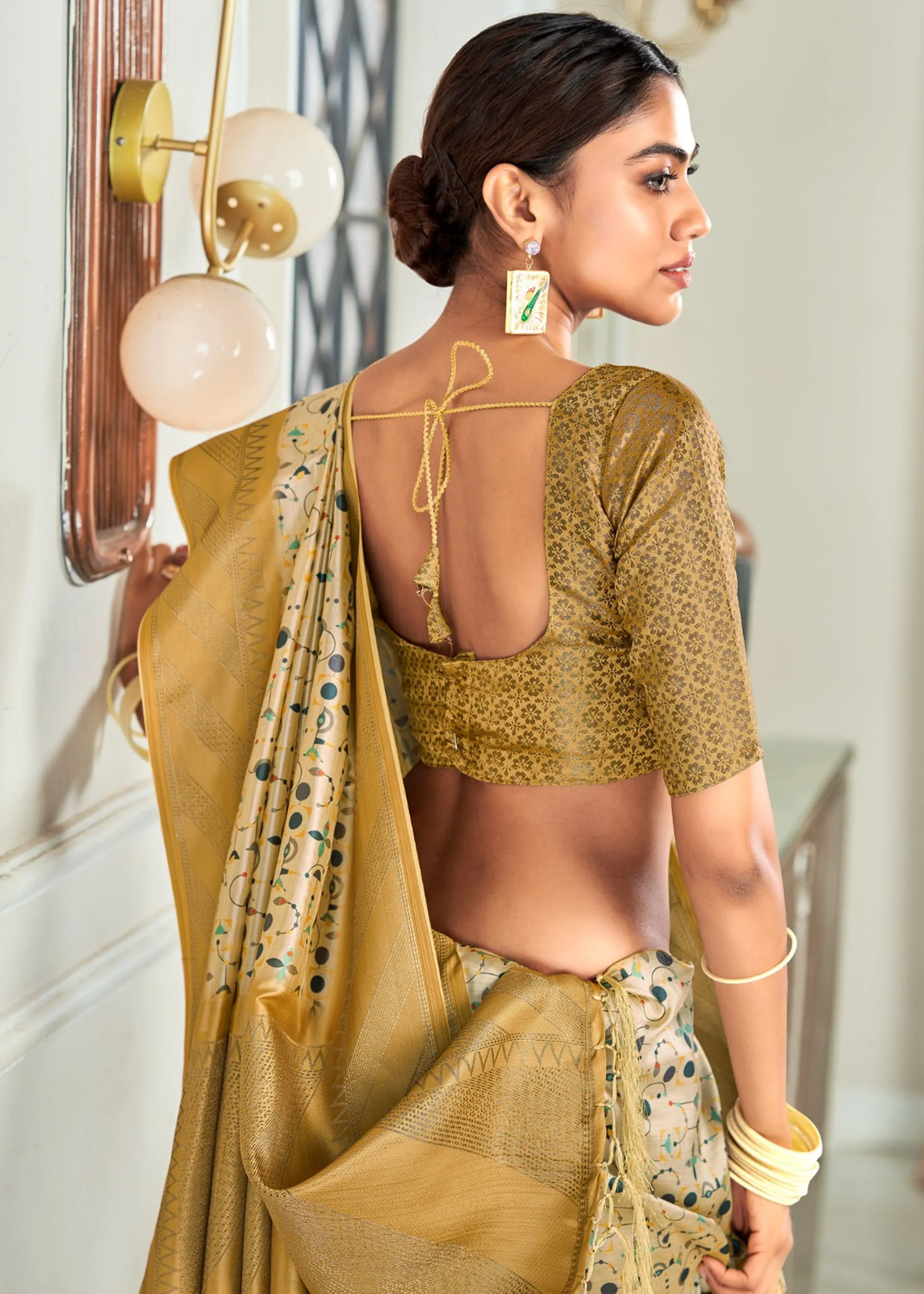 Off White And Gold Woven Banarasi Silk Saree With Digital Print