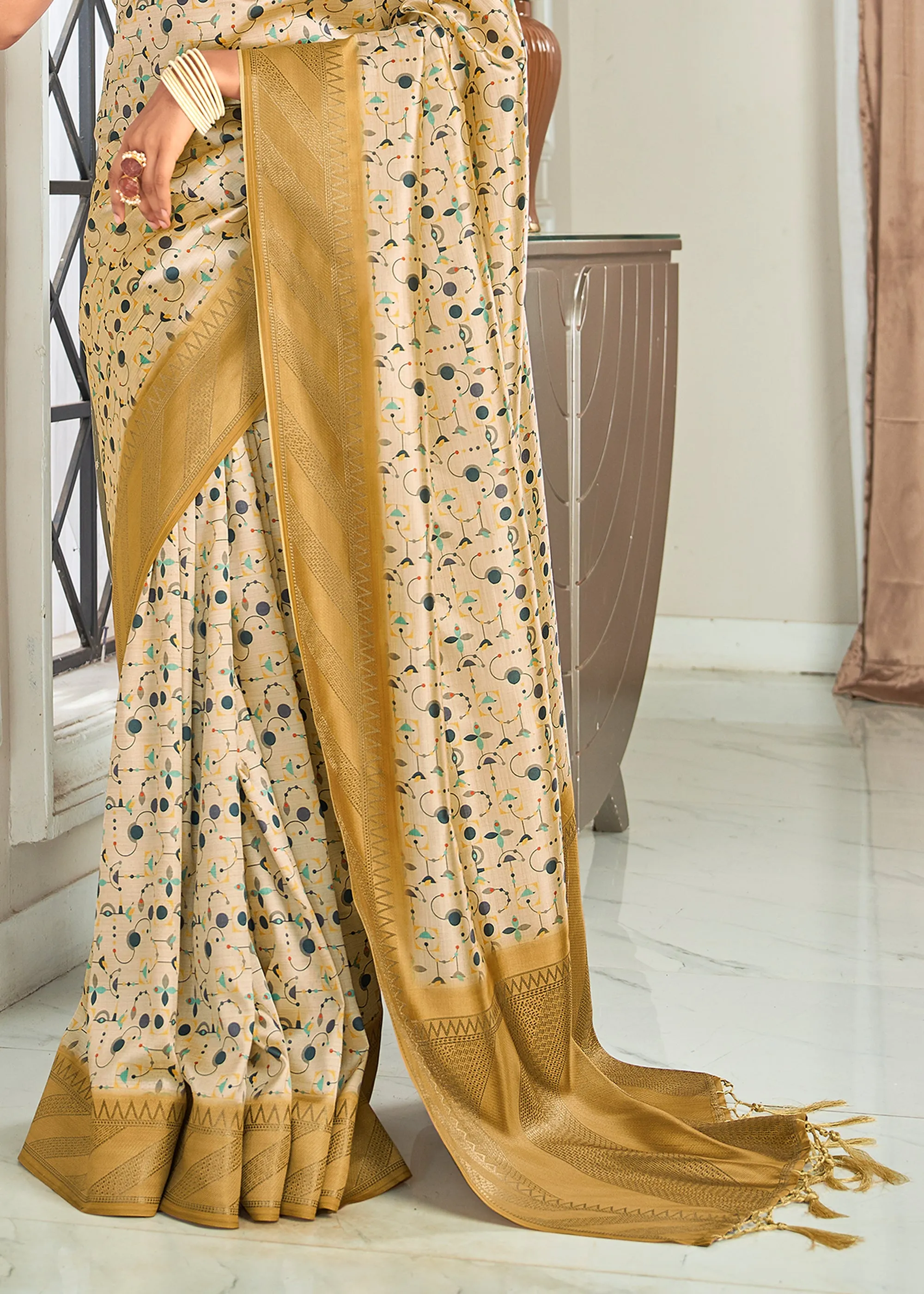 Off White And Gold Woven Banarasi Silk Saree With Digital Print