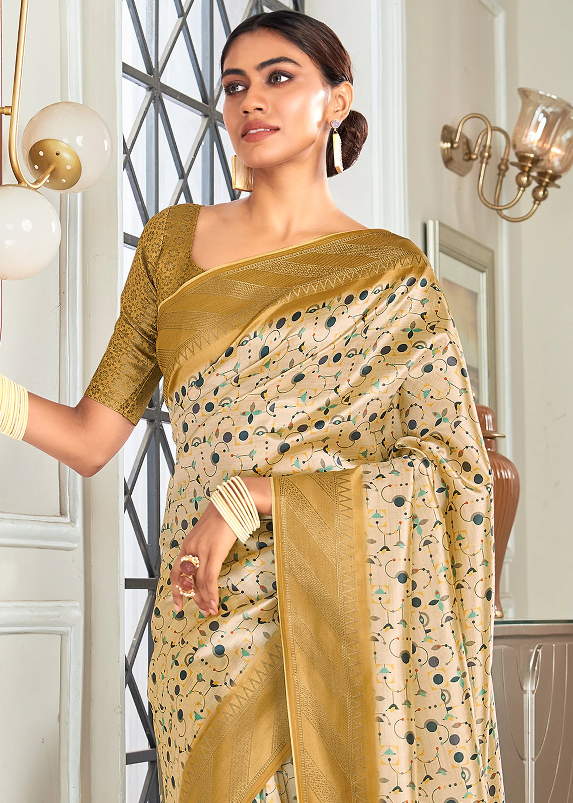 Off White And Gold Woven Banarasi Silk Saree With Digital Print