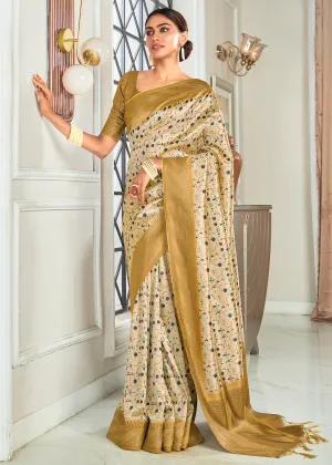 Off White And Gold Woven Banarasi Silk Saree With Digital Print