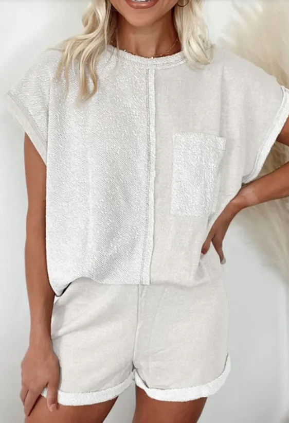 Off-white Chest Pocket Exposed Seam Tee and Shorts Set