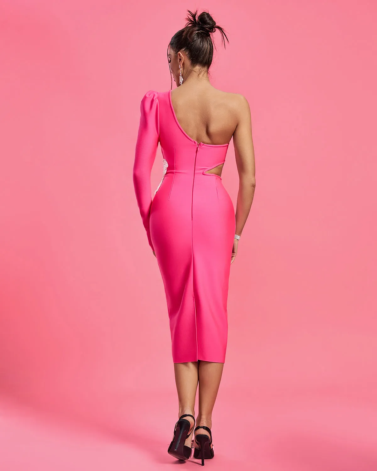 One Shoulder Pearl Applique Midi Bandage Dress