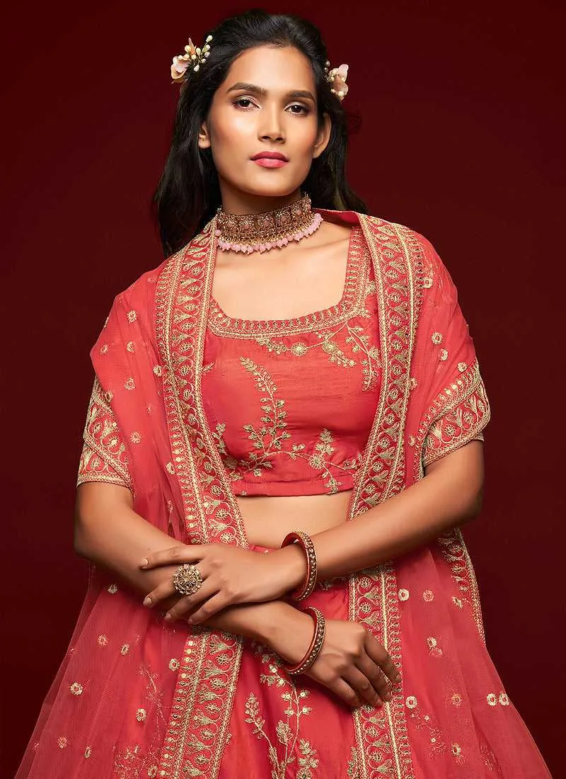 Orange And Gold Silk Embroidered Stylish Lehenga Choli