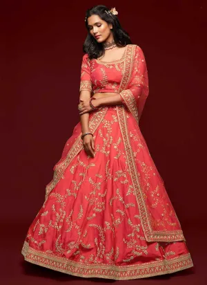Orange And Gold Silk Embroidered Stylish Lehenga Choli