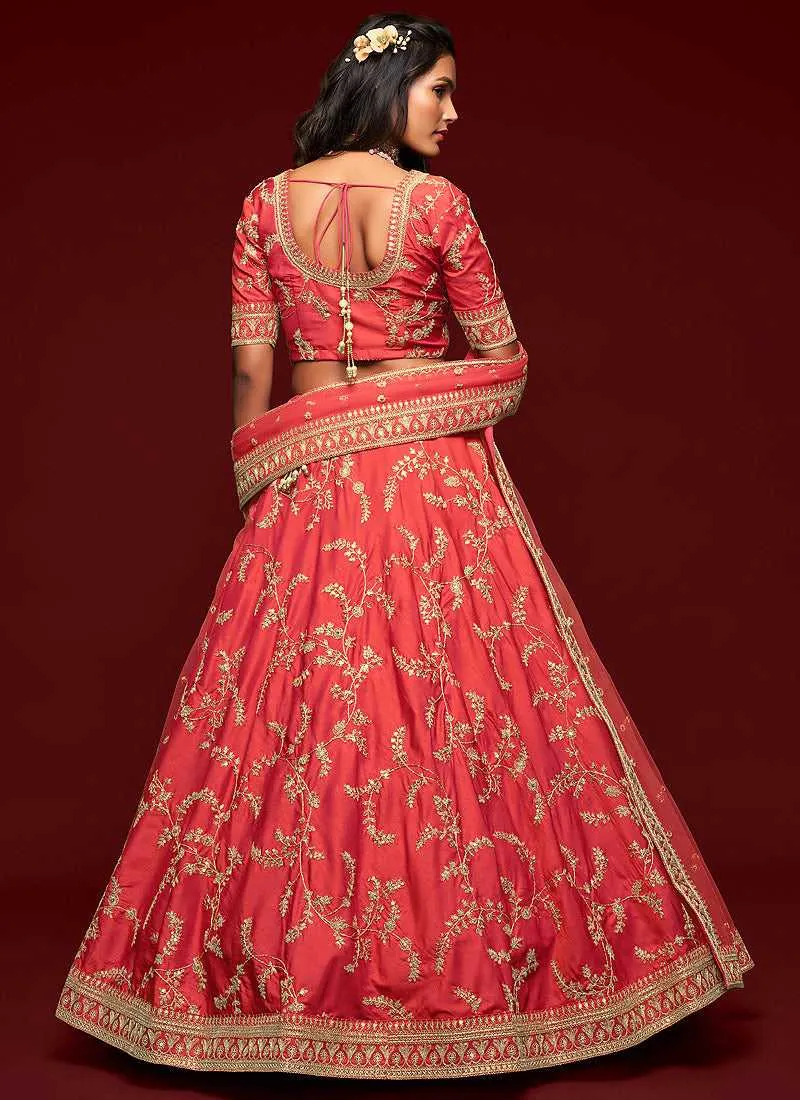 Orange And Gold Silk Embroidered Stylish Lehenga Choli