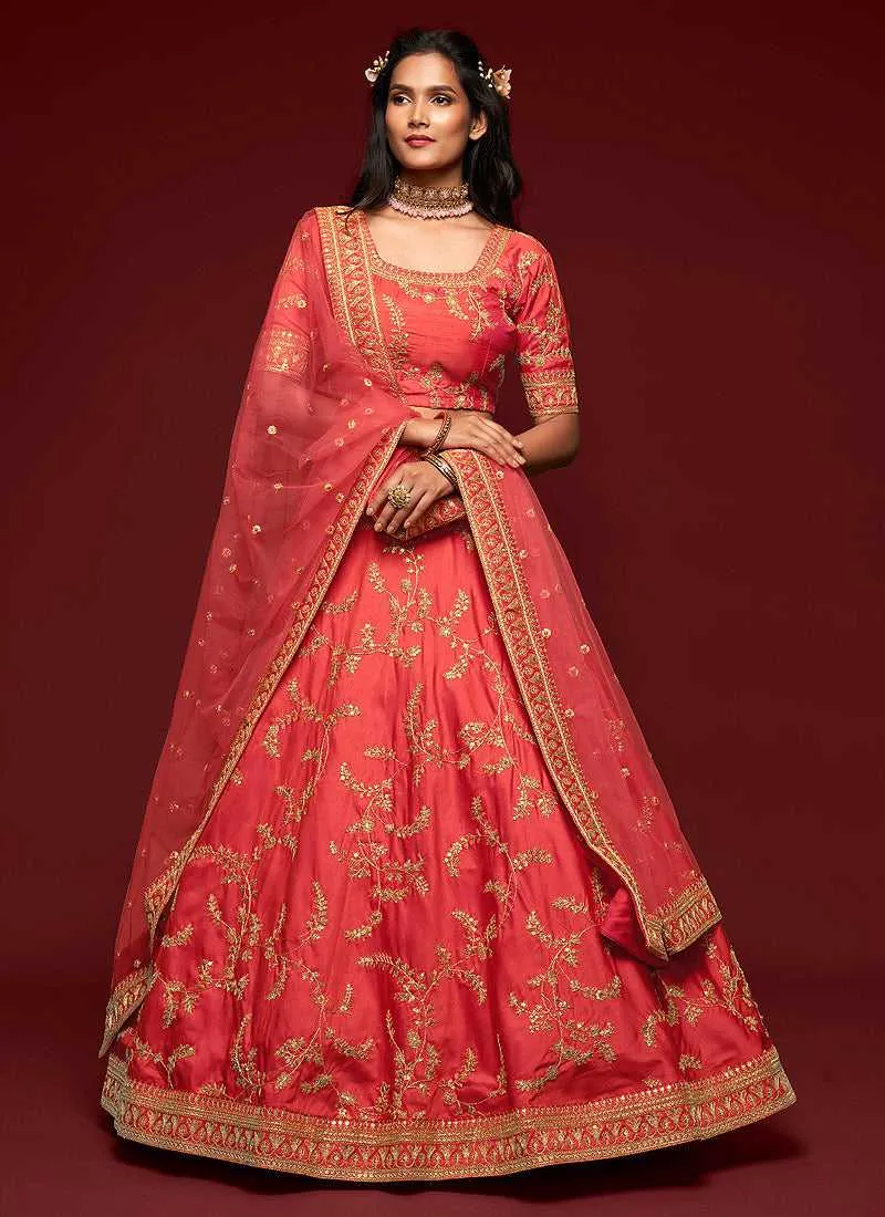 Orange And Gold Silk Embroidered Stylish Lehenga Choli