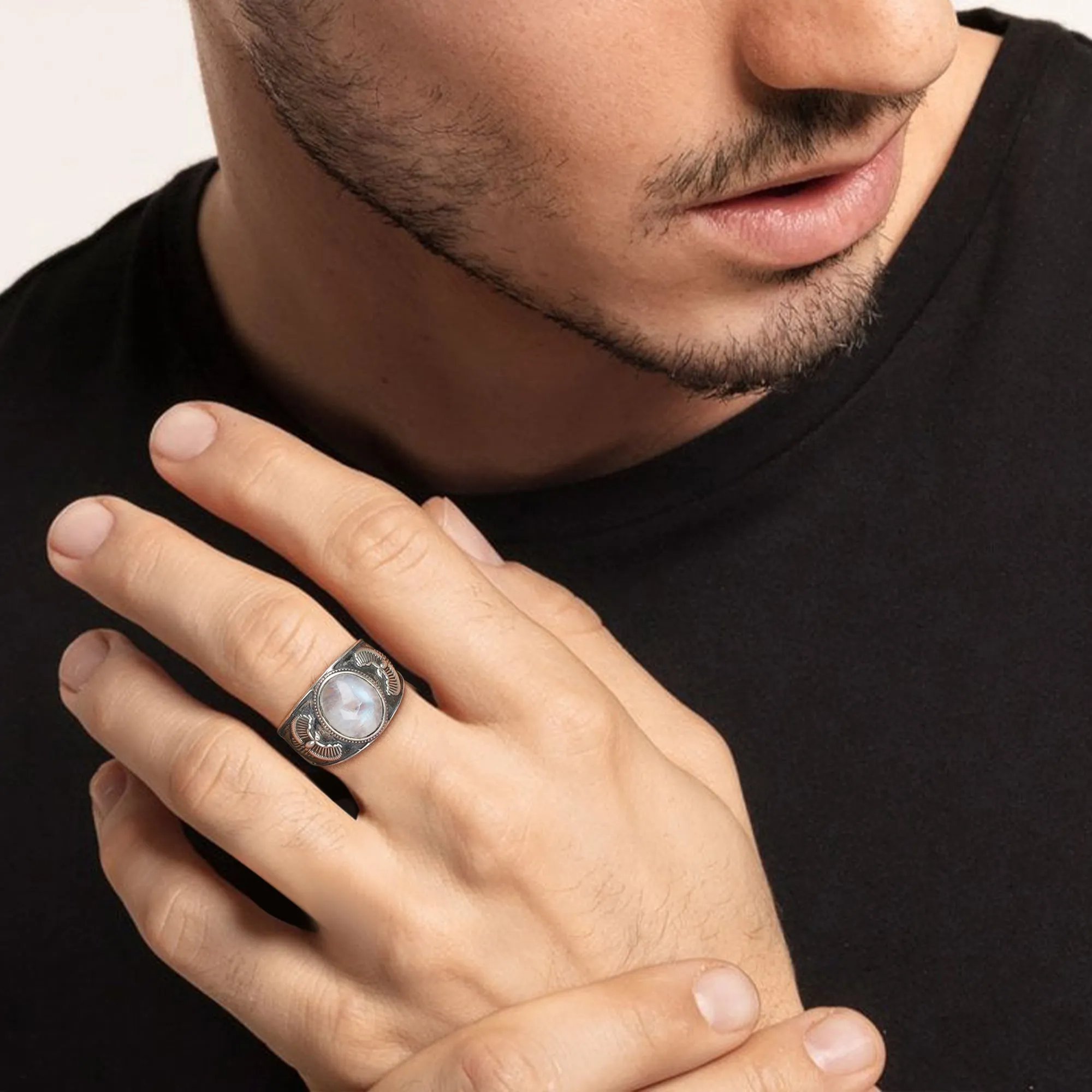 Oxidised Silver Moon Studded Ring