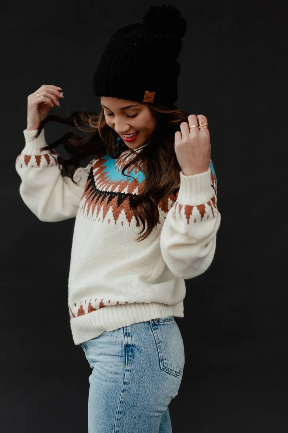 Panache Cream With Brown & Blue Print Sweater