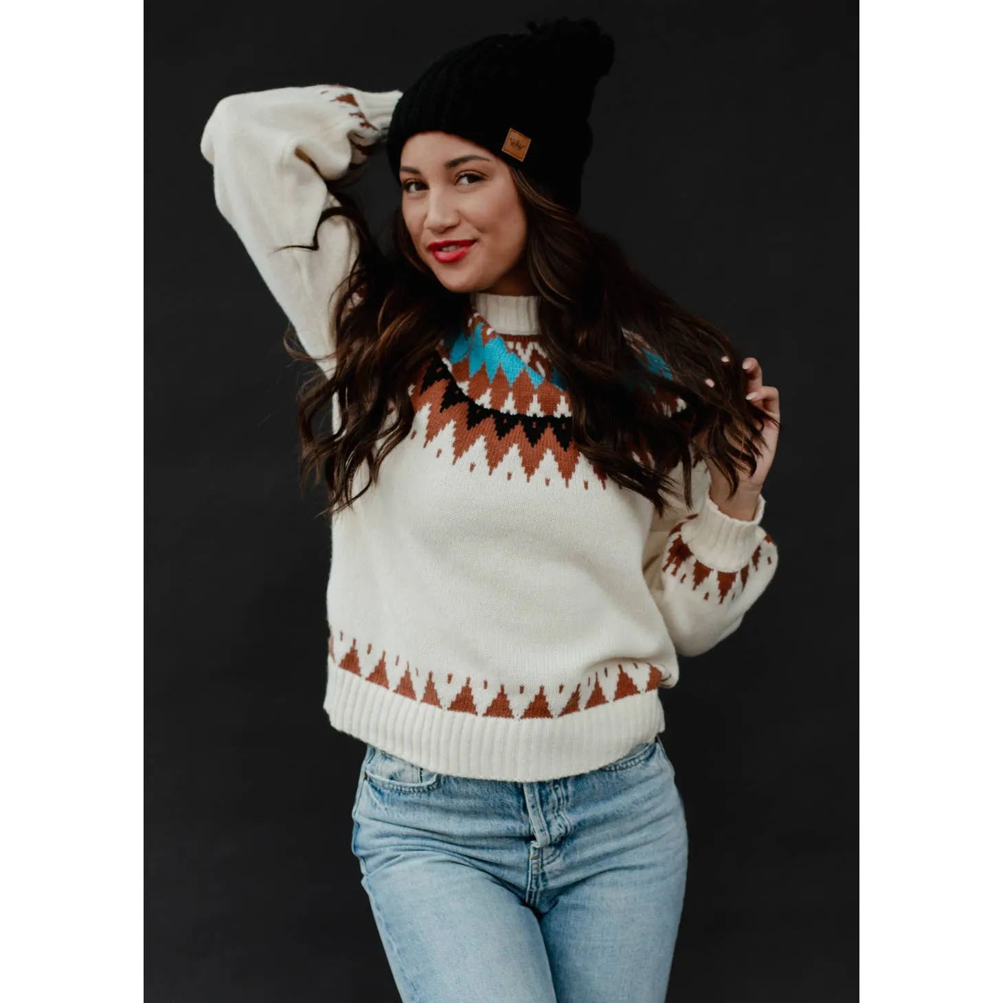 Panache Cream With Brown & Blue Print Sweater
