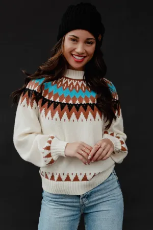 Panache Cream With Brown & Blue Print Sweater
