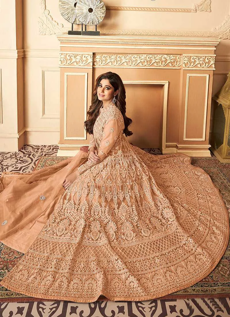 Peach Lucknowi Work Embroidered Anarkali style Lehenga