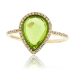 Pear Shaped Peridot with Diamond Halo on Diamond Accented Band