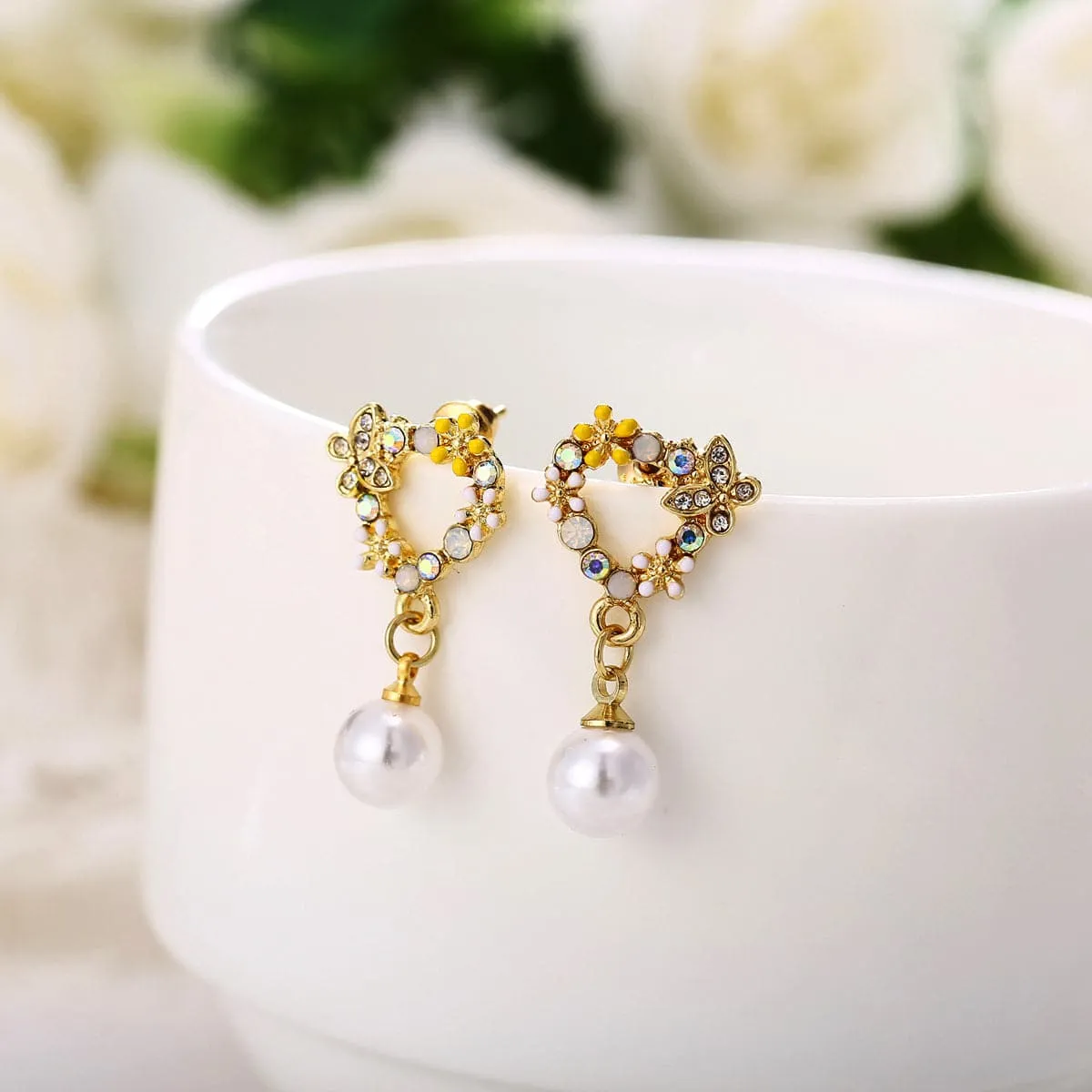 Pearl & Cubic Zirconia Enamel 18K Gold-Plated Butterfly Drop Earrings