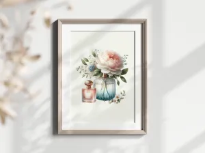 Perfume Poster - Watercolor Vintage Perfume Bottle Art Print, Framed Floral Home Decor, Chic Gift for Flower Lovers – French Cottagecore Decor