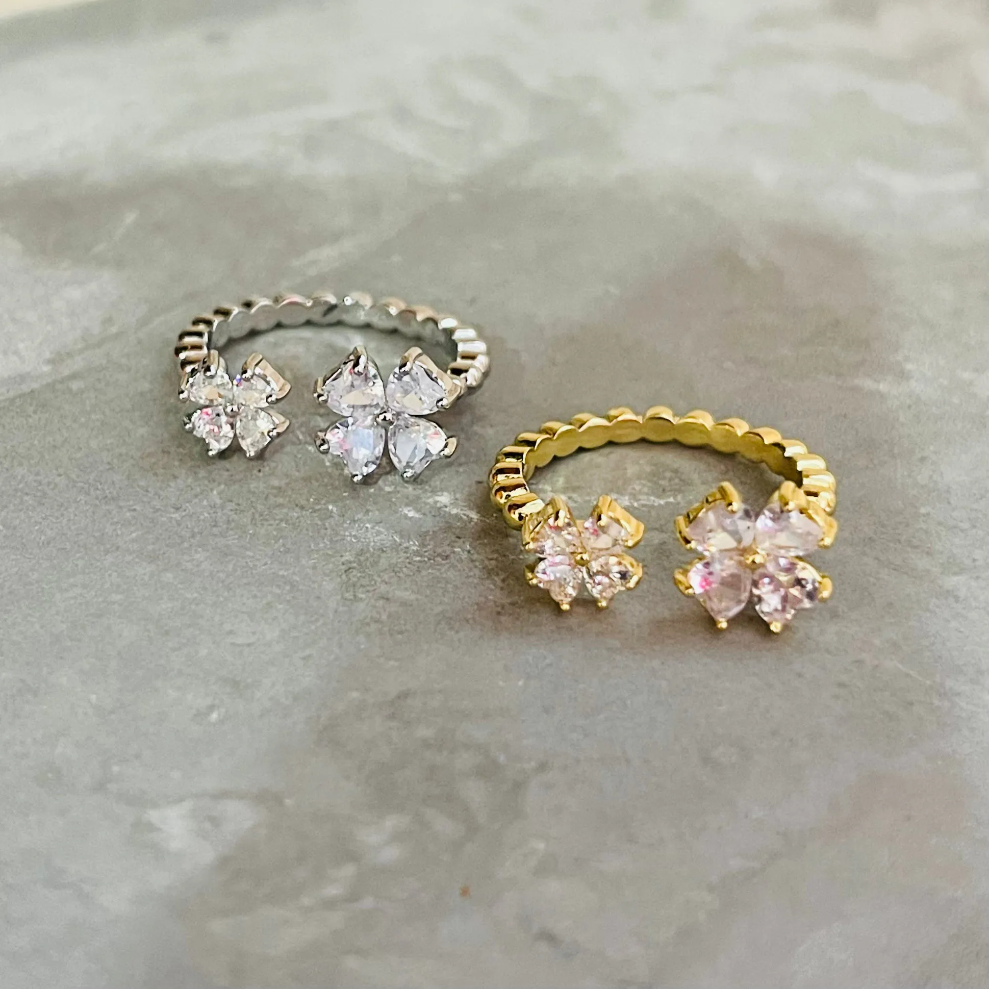 Petite Flower Sparkling Gemstone Adjustable Ring, Cute