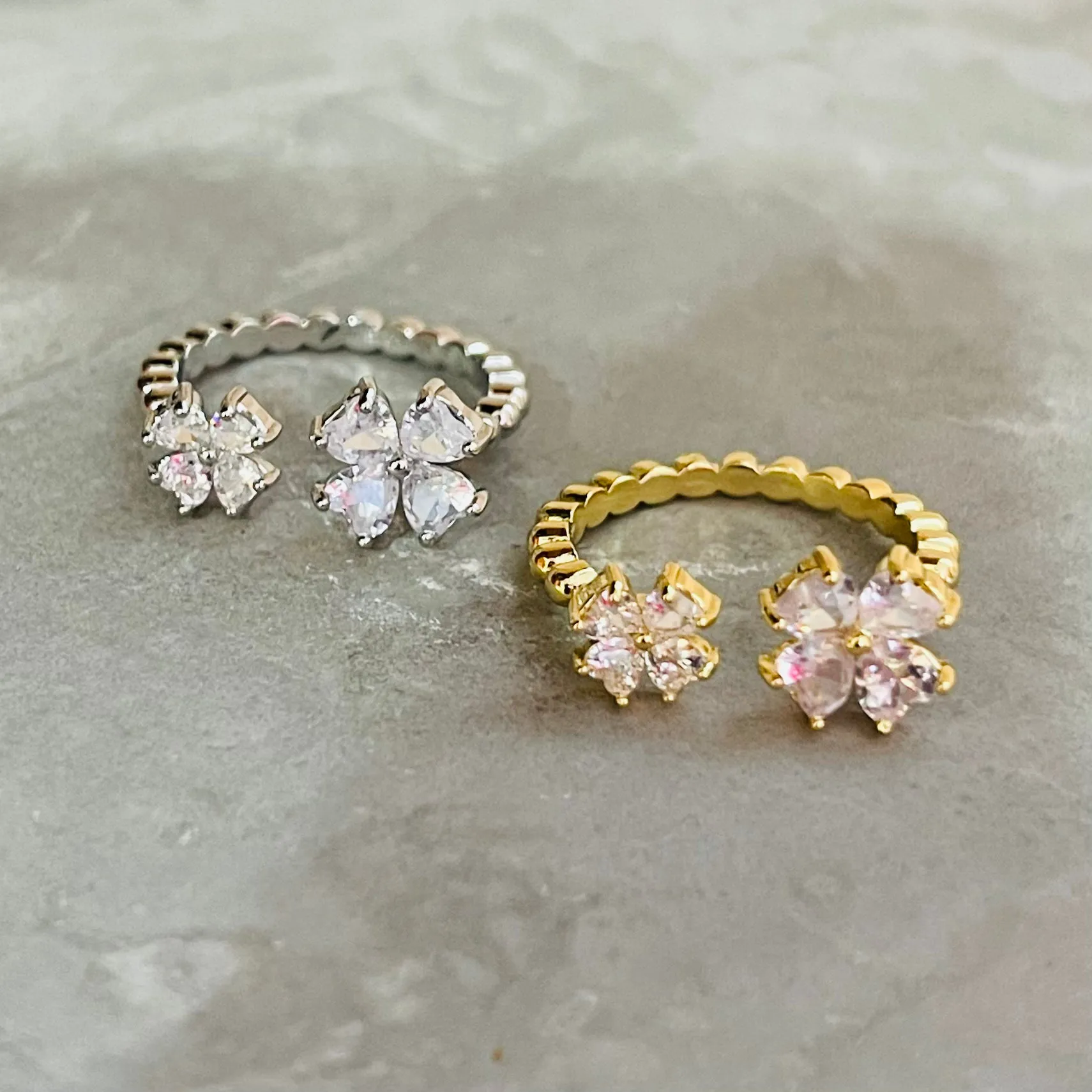 Petite Flower Sparkling Gemstone Adjustable Ring, Cute