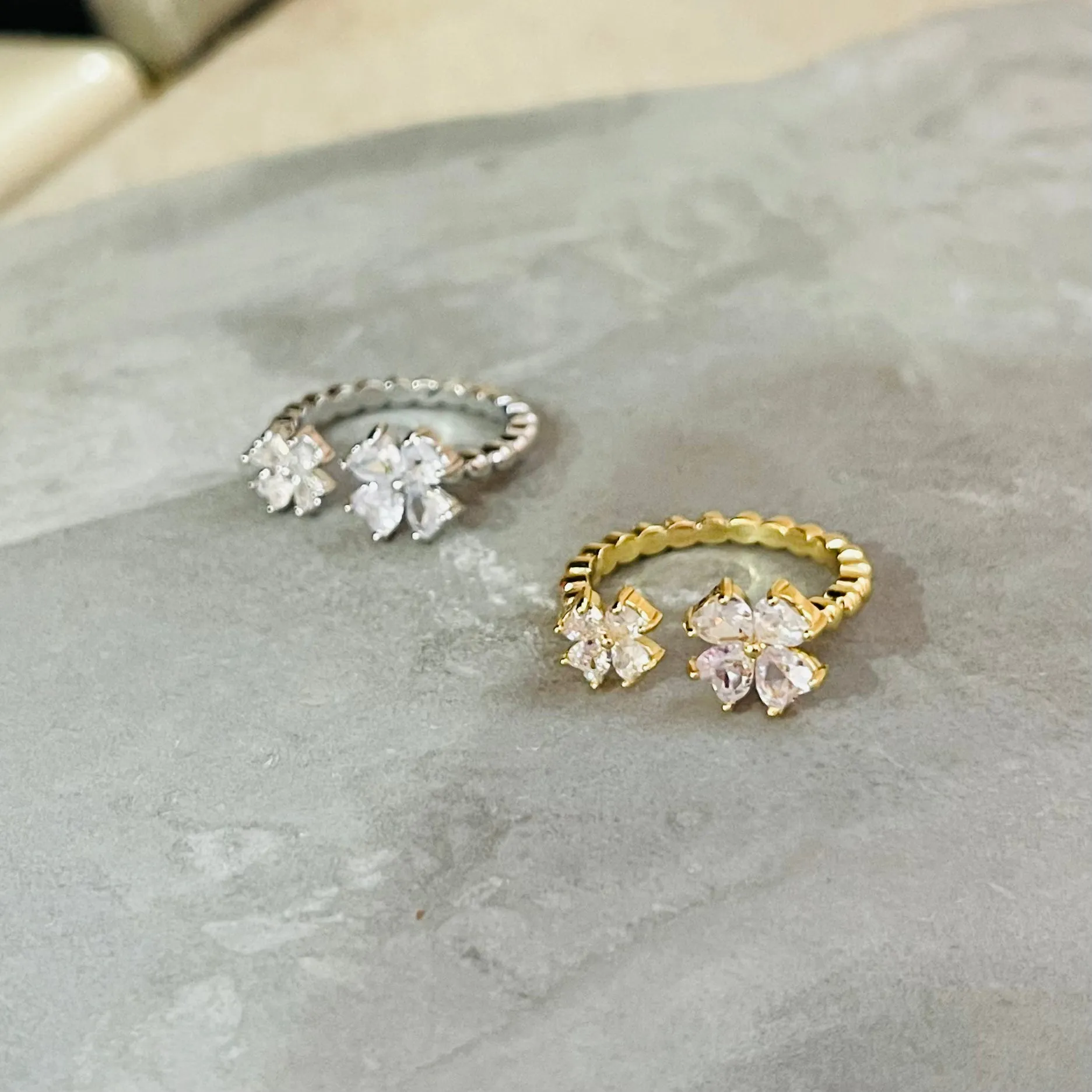 Petite Flower Sparkling Gemstone Adjustable Ring, Cute