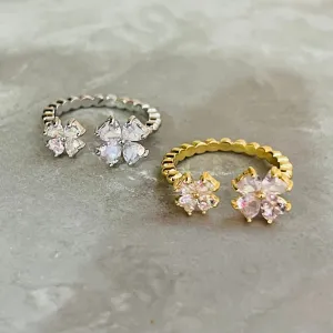 Petite Flower Sparkling Gemstone Adjustable Ring, Cute